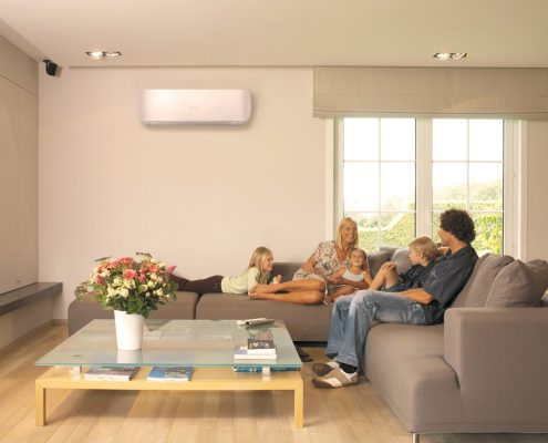 Imagen de familia con equipo de pared colocado